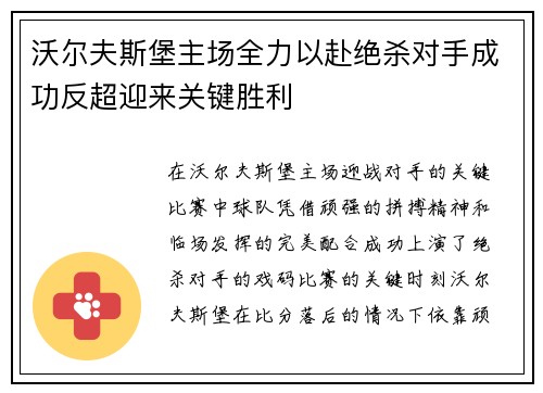 沃尔夫斯堡主场全力以赴绝杀对手成功反超迎来关键胜利