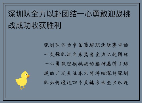 深圳队全力以赴团结一心勇敢迎战挑战成功收获胜利