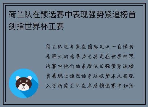 荷兰队在预选赛中表现强势紧追榜首剑指世界杯正赛