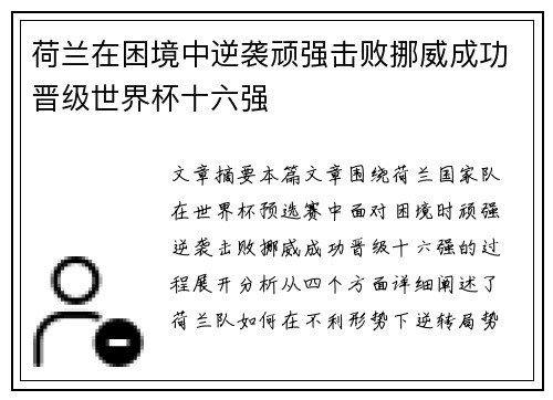 荷兰在困境中逆袭顽强击败挪威成功晋级世界杯十六强