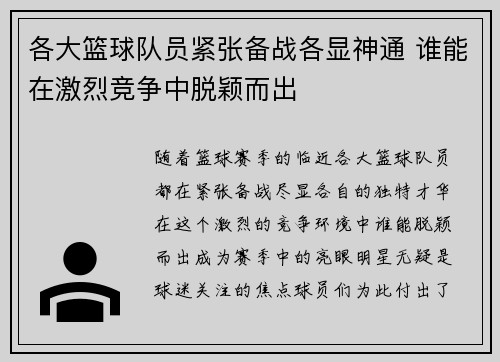 各大篮球队员紧张备战各显神通 谁能在激烈竞争中脱颖而出